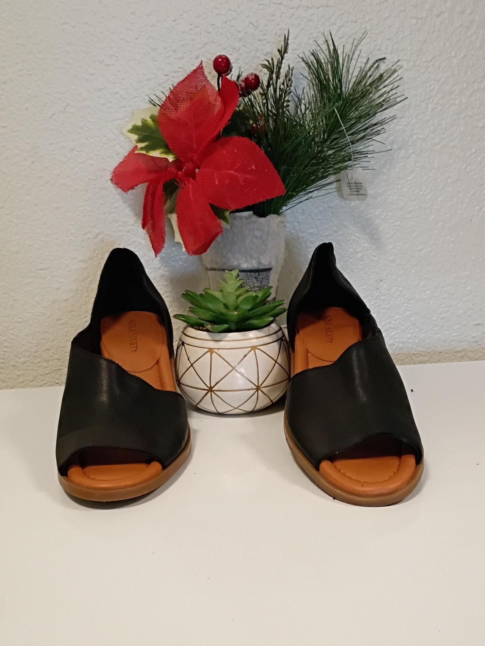 Sole Society Black Open-Toe Slip-On Flats with Tan Insole